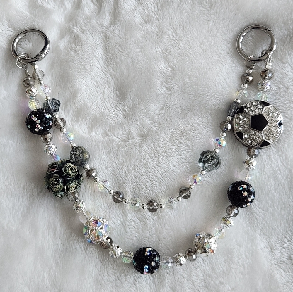 Soccer Black and Silver Beaded Bag Chain Purse Chain